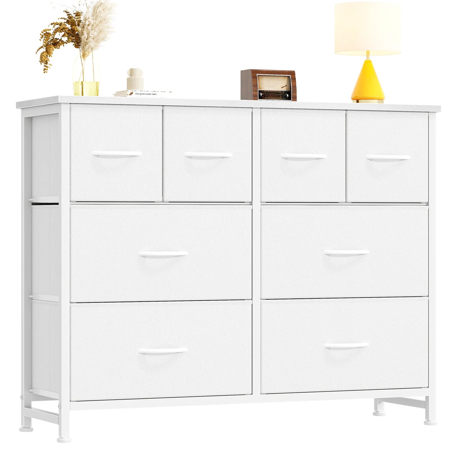JHK 8 Fabric Drawers Dresser for Living Room Storage Tower with Wood Top and Mental Frame Wide Fabric Dresser for Closet Storage Unit for Entryway