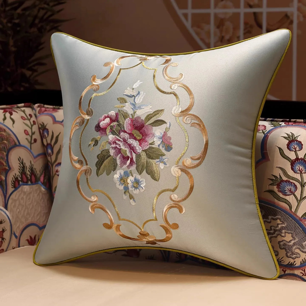 New Chinese Style Embroidered Bird Cushion Cover Living Room Sofa Waist Pillow Luxurious Classical Bed Head Silk Pillowcase