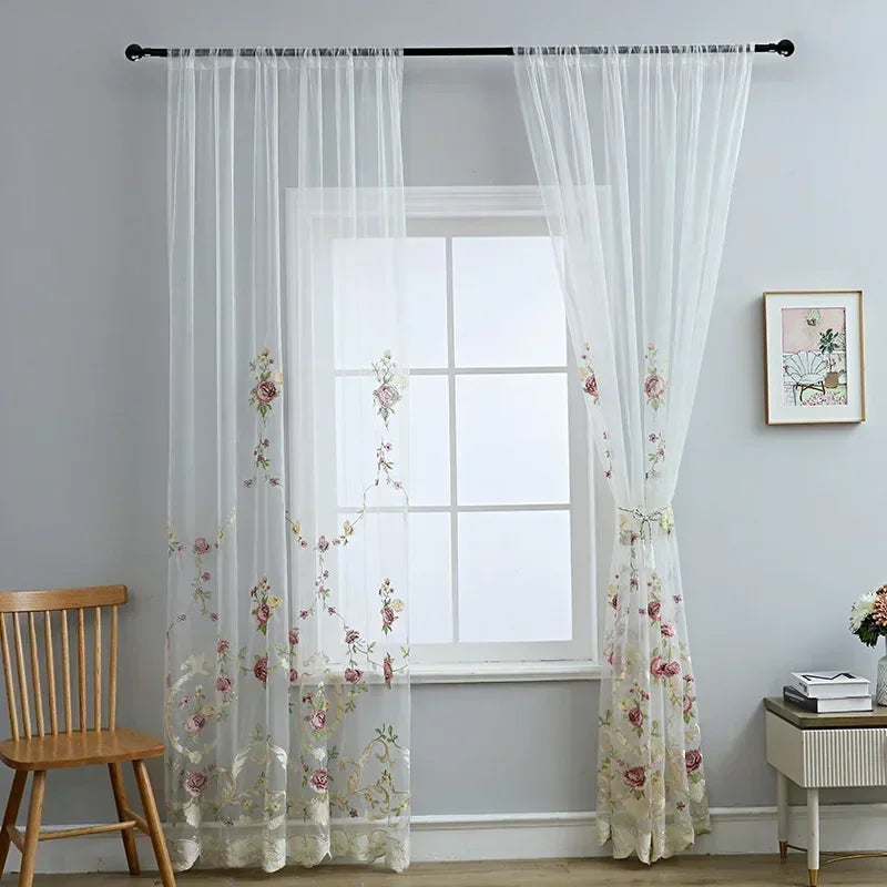 1PC French Luxury Velvet Tulle Curtains For Bedroom Flower Embroidered Tulles for Living Room Window Villa