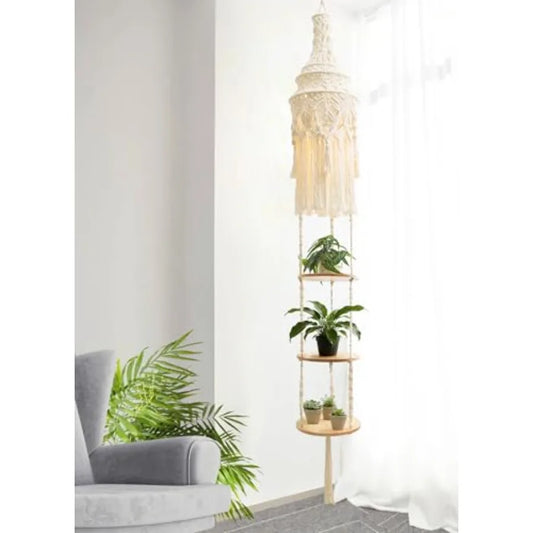 3-Tier Cotton Macrame Hanging Light Fixture Shelf, Boho Corner Pendant Lamp Shade Shelves, Farmhouse Ceiling Plant Hanger Indoor