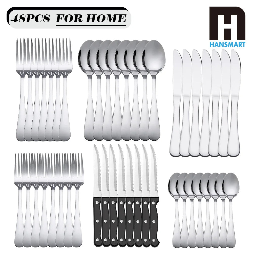 KOOMADE 48Pcs Stainless Steel Cutlery Set Steak Knives Included Mirror Polished Flatware Set Dinner Knife Fork Spoon Tableware Kitchen Utensils Dishwasher Safe For Home Restaurant Party