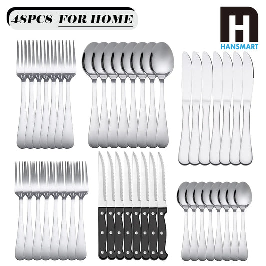 KOOMADE 48Pcs Stainless Steel Cutlery Set Steak Knives Included Mirror Polished Flatware Set Dinner Knife Fork Spoon Tableware Kitchen Utensils Dishwasher Safe For Home Restaurant Party