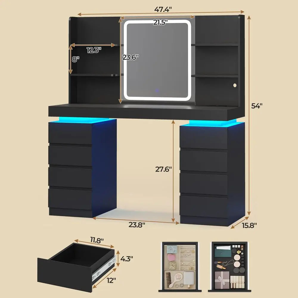 Vanity Desk with Mirror amp Lights, 8 Drawers Black Builtin Charging Station, Large Makeup Vanity with RGB Lights Floating Desk