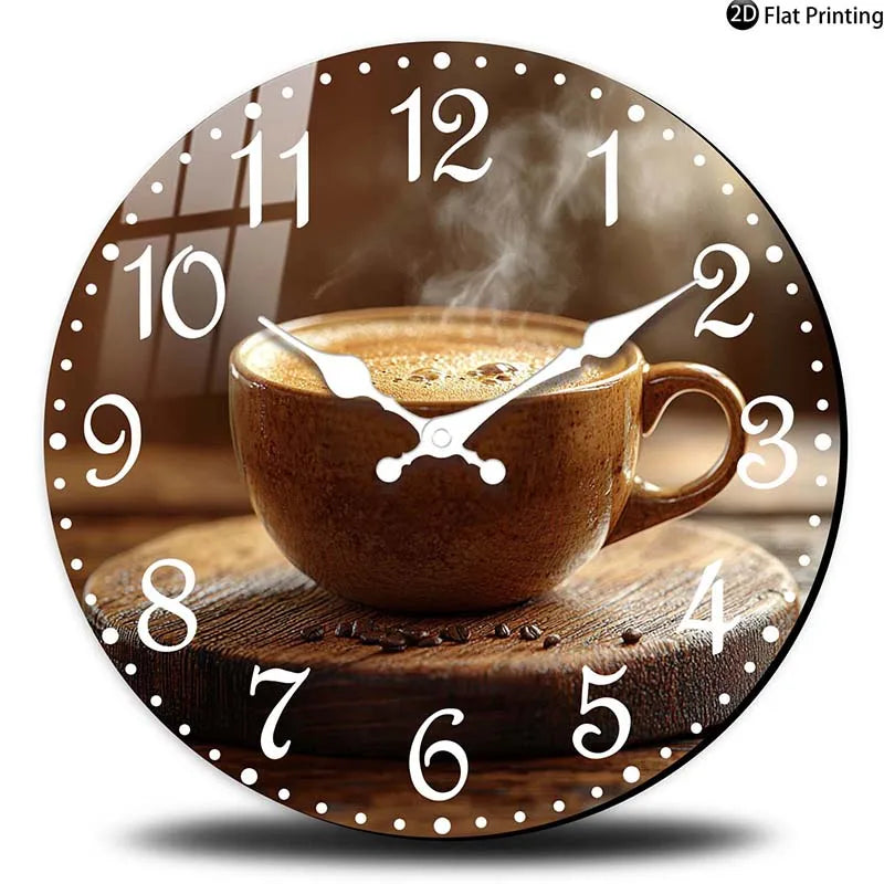 Wooden Silent Wall Clock Coffee cup with steam clock face Quartz Clocks Farmhouse,Office,Idea Christmas,Halloween,New Year Gift
