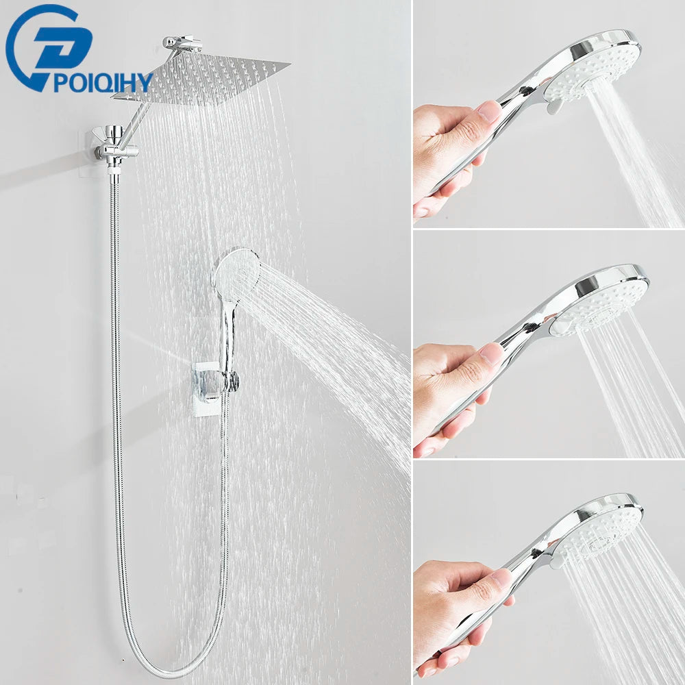 Chrome High Pressure Rainfall Shower Head/Handheld Combo with Extension Arm 6 Settings Handshower Height/Angle Adjustable