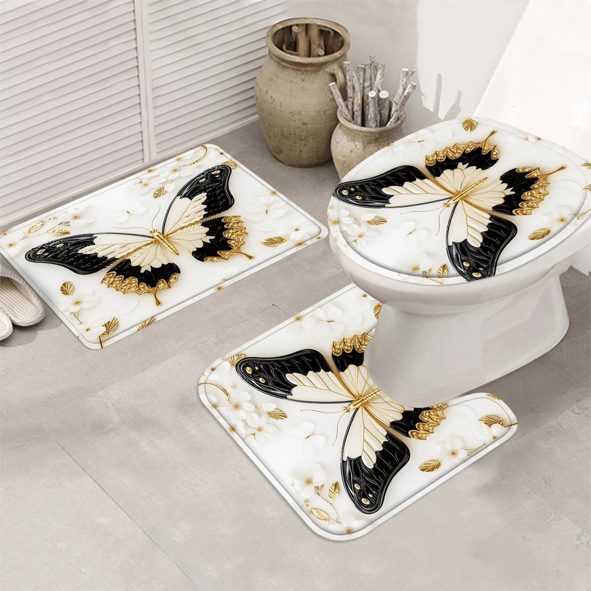 4Pcs Luxury Gold Butterfly Shower Curtain Set with Hooks, Elegant Black White Floral Print Waterproof Mildew Resistant Fabric Bath Mat for Family Bathroom Home Decor
