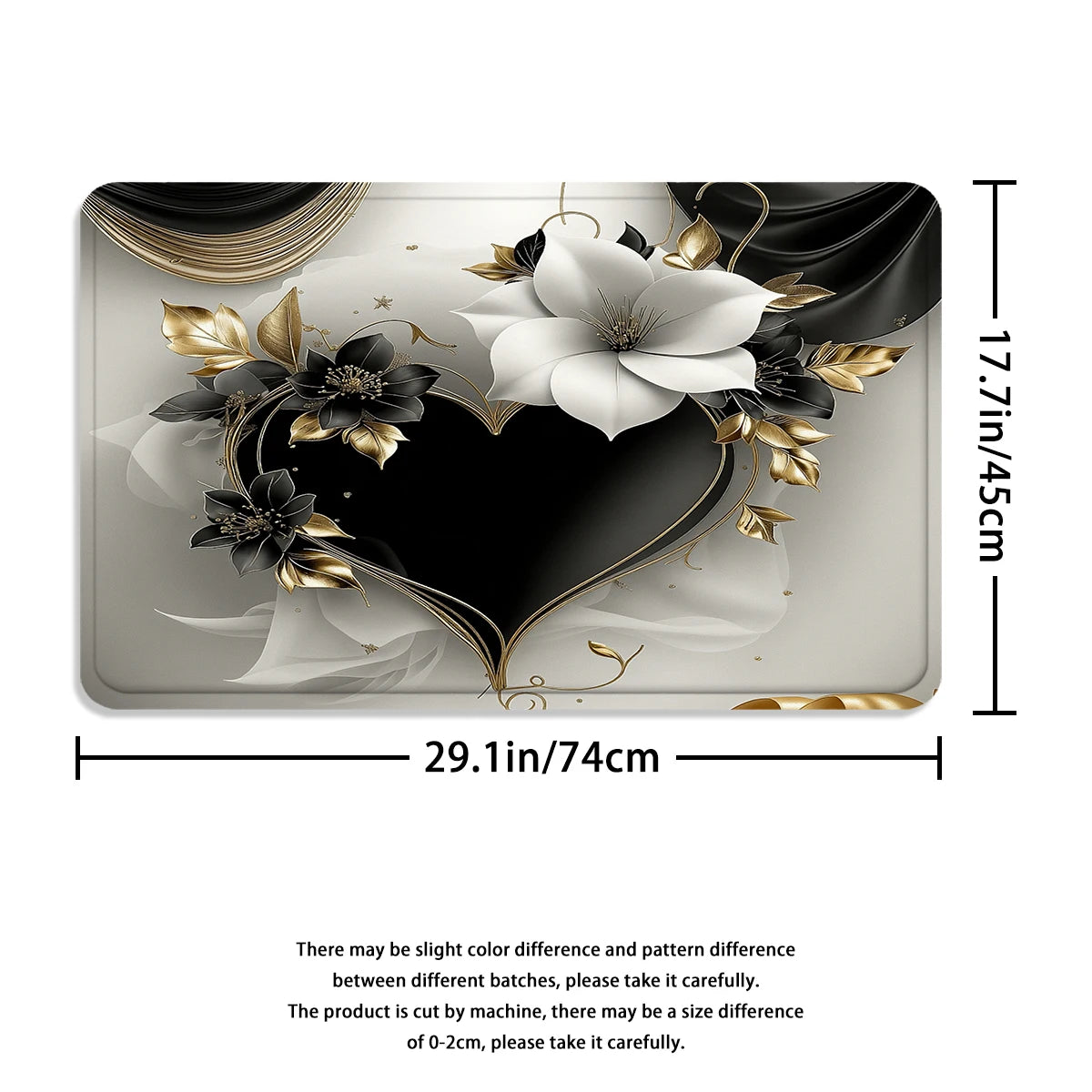 4Pcs Black Gold Heart Flower Shower Curtain Set with Hooks, Luxury Elegant Floral Print Waterproof Mildew Resistant Fabric Bath Mat for Family Bathroom Home Decor