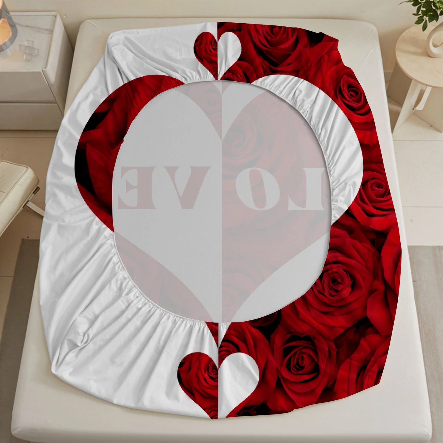 1 Piece Romantic Rose Love Heart Fitted Sheet Red White Soft Microfiber Bedding For Valentines Day Bedroom Decor