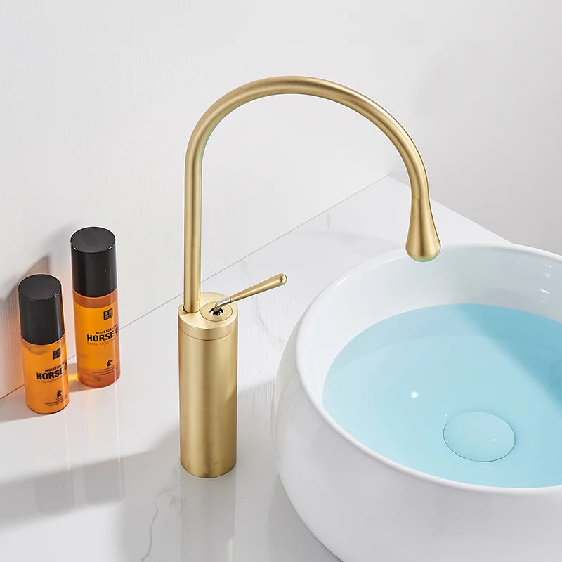 Brushed Golden Brass Art Basin Faucet Bathroom Washbasin Hot Cold Tap 360 Swivel Waterfall Gold Tall Model Mixer Deck Mounted