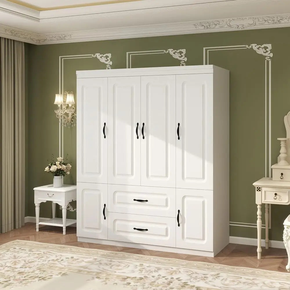 Large White Wooden 4-Door Wardrobe with 2 Drawers, Hanging Rails, and Shelves for Bedroom Storage