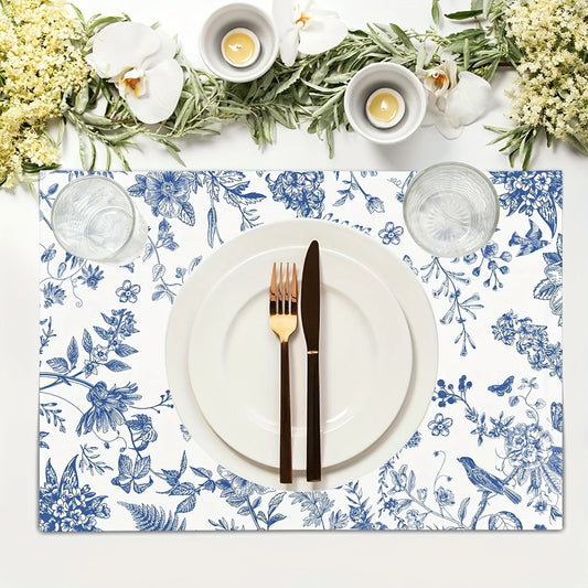 4pcs Linen Floral Placemats – Blue Hydrangea Pattern, 12x18in, Machine Washable Woven Table Mats for Home, Kitchen & Party Decor