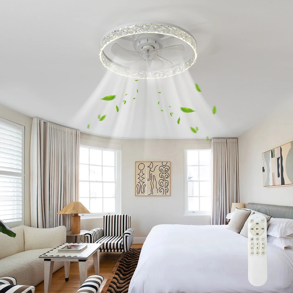 Ceiling Fans With Lights And Remote: 19.7" Modern Low Profile Flush Mount LED Ceiling Fan For Bedroom Crystal Bladeless Fandelier For Living Room Kitchen Dimmable DC Motor