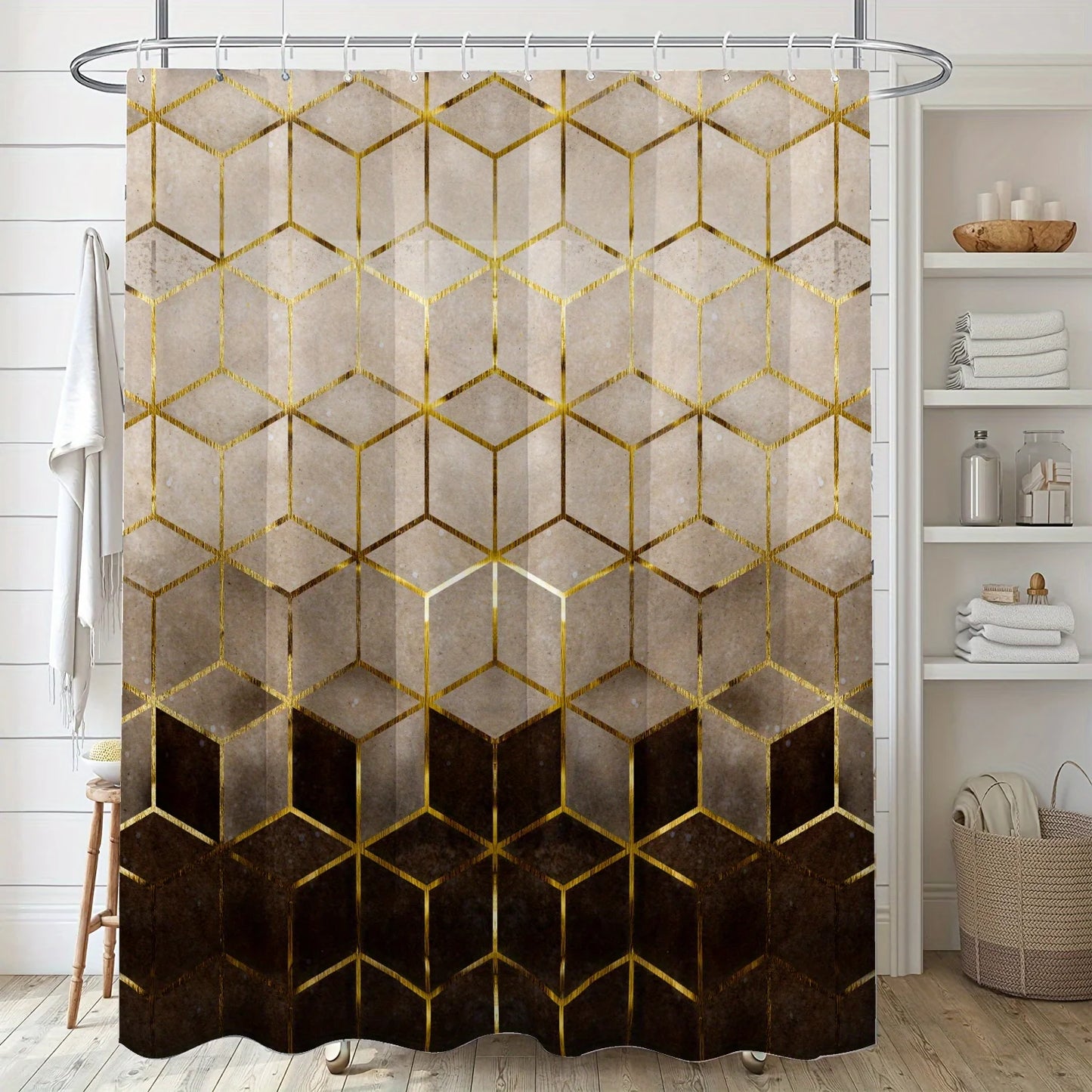 Shower Curtain 1pc Golden Brown Gradient Geometric Grid Abstract Pattern Printed Polyester Fabric Waterproof Mildew Resistant Washable Bathroom Hanging Drapery Tub Window Wall Luxury Decoration Home Supplies Multi Sizes Thank