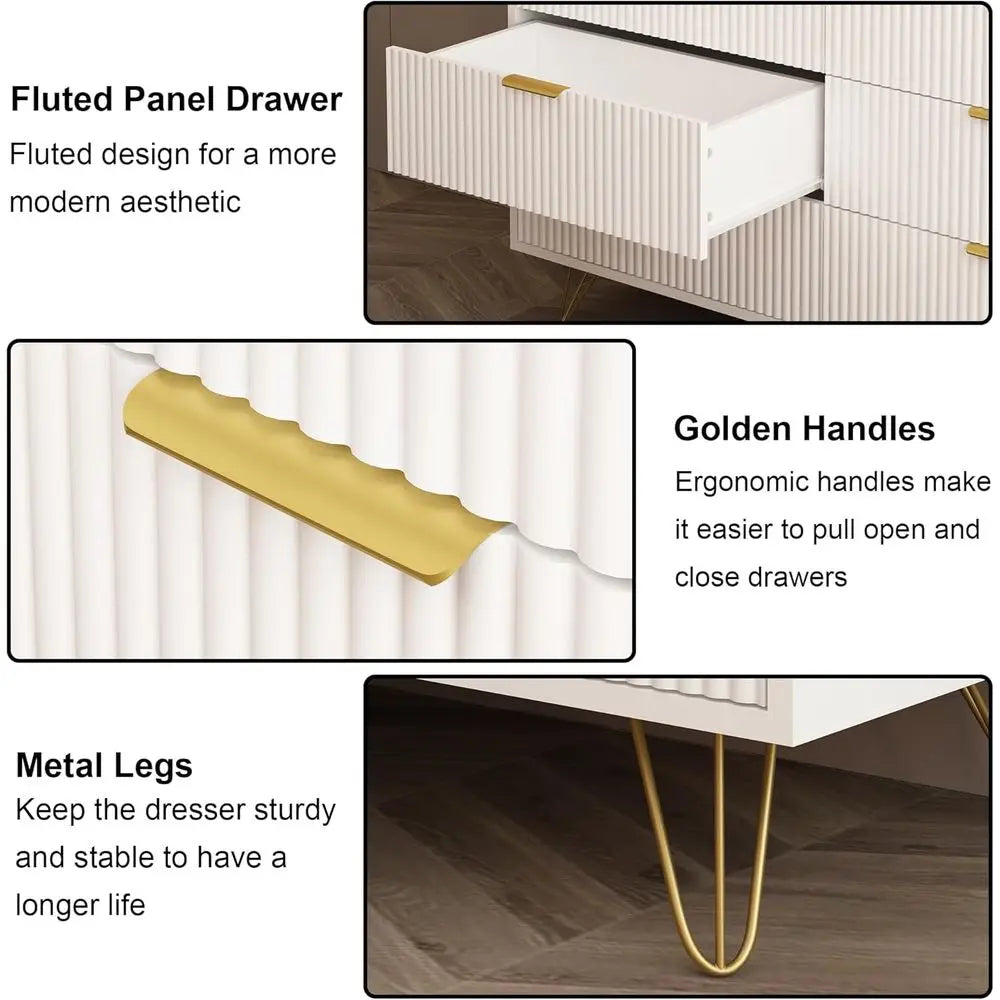 White 6-Drawer Wooden Dresser for Bedroom, Living Room, Hallway, and Entryway