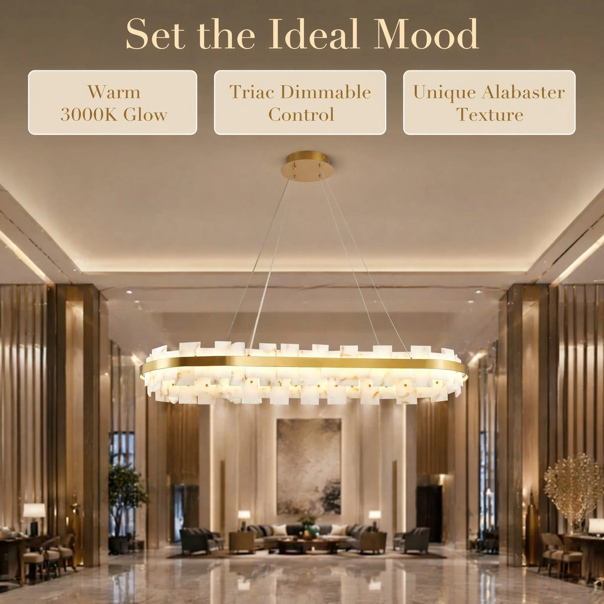 ARLGSITE 37.4" Modern Alabaster Chandelier, Adjustable Oval Stone Pendant Light for Dining Room, Bedroom & Kitchen Island