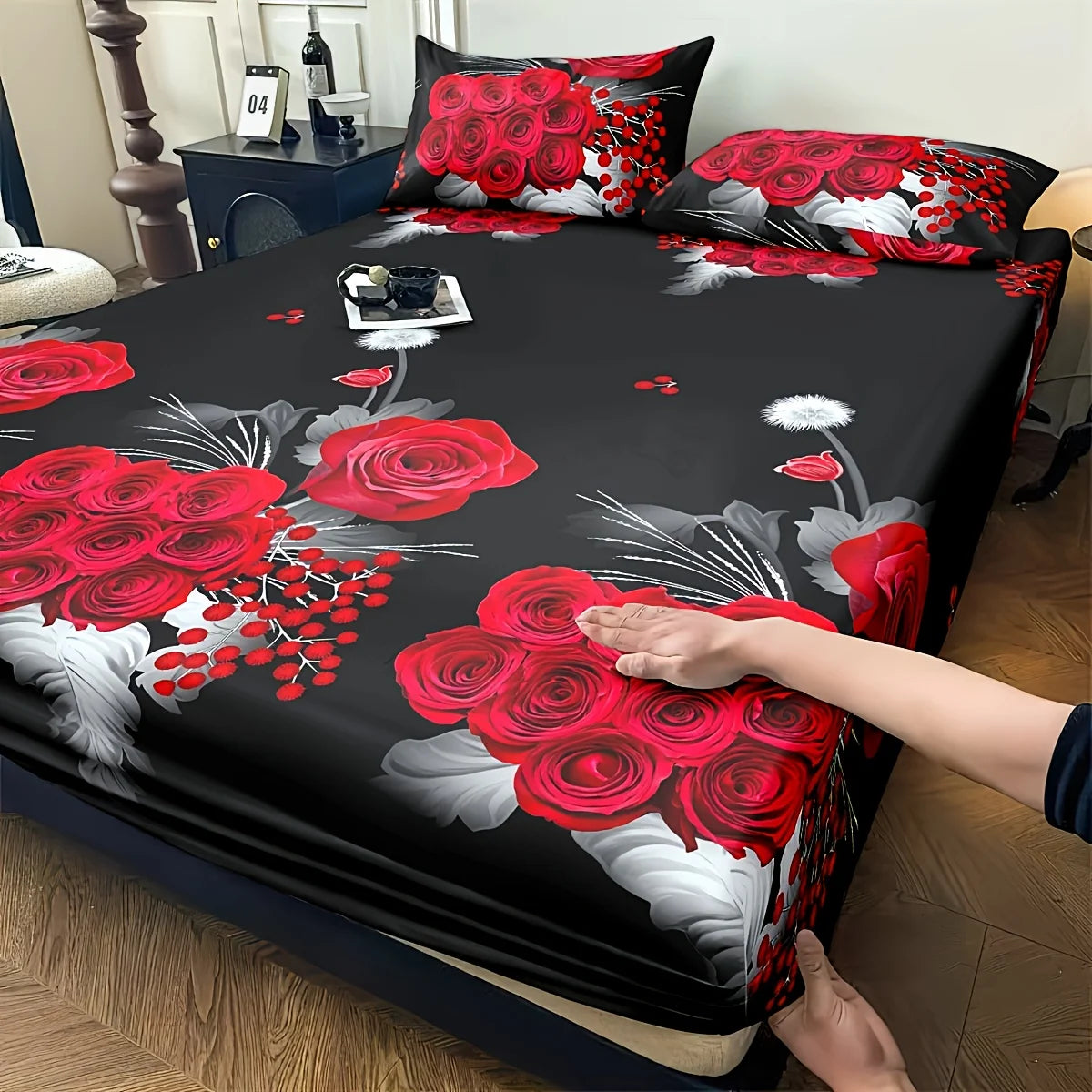 Romantic Red Rose Fitted Sheet Set - Soft Skin-Friendly Bedding Shrink & Fade Resistant for Twin Full Queen King Size Beds