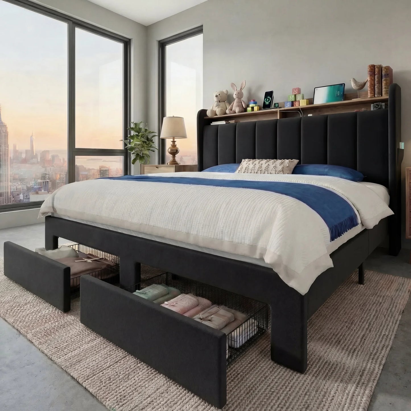 HOOMIC Bed Frame, 2 Storage Drawers/2-Tier Shelves with LED Lights & Charging Station, No Box Spring Need, Full/Queen/King