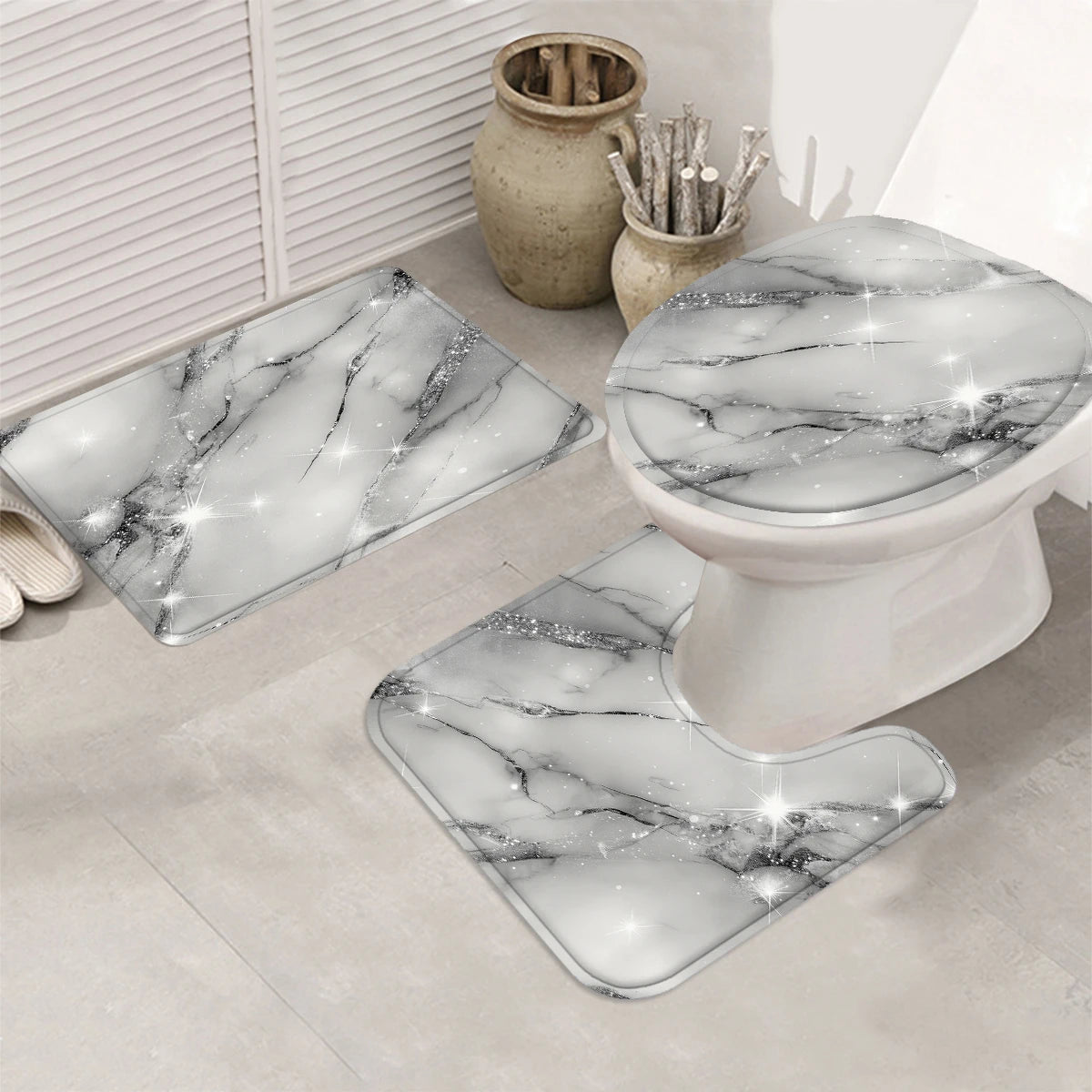 4Pcs Sparkle Grey Marble Shower Curtain Set with Hooks, Modern Shiny Glitter Print Waterproof Mildew Resistant Fabric Bath Mat for Family Bathroom Home Decor