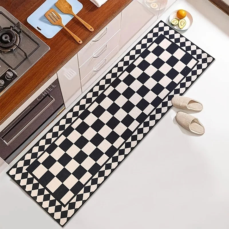 Classic Black White Checkered Long Runner Rug, Double Layer Checkerboard Pattern Non-Slip Washable Floor Mat for Kitchen