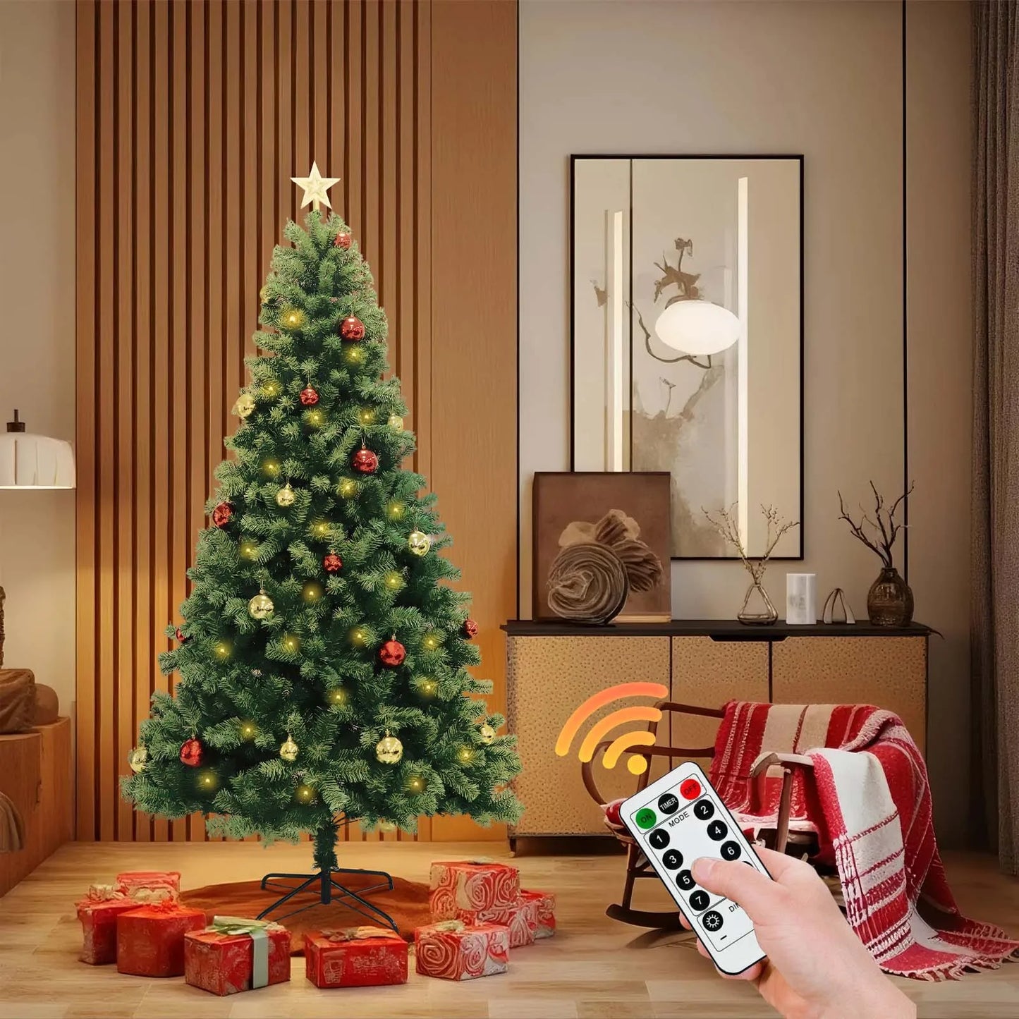 6-7ft Christmas Tree Hinged Artificial Pine Lighted Holiday Tree for Christmas Home, Office party Decor