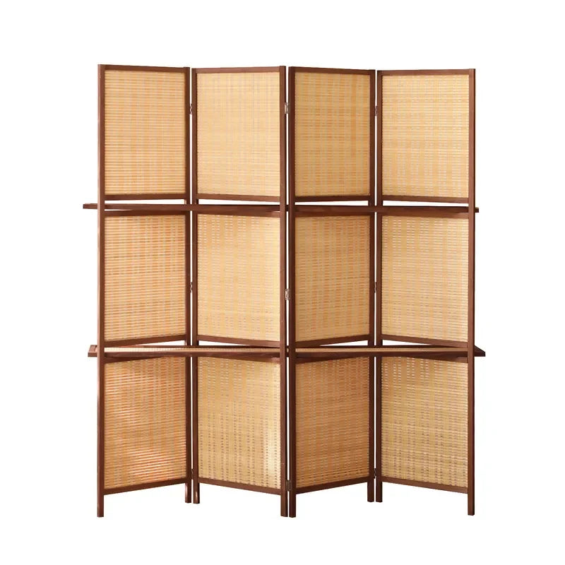 Shelvable Bamboo Wood Folding Screen Partition Solid Wood Mobile Room Divider for Living Room Hotel Office Simple Modern