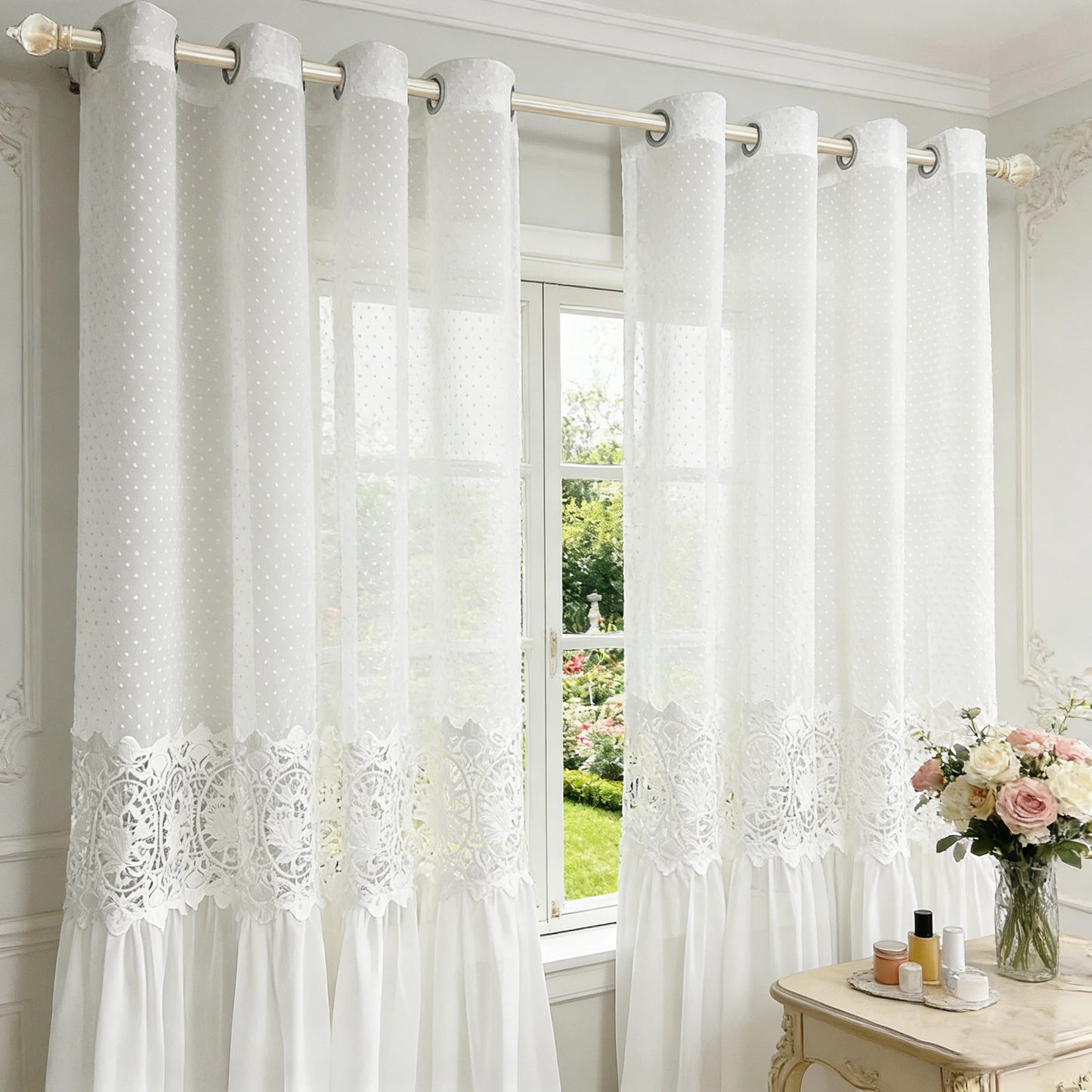 French Romantic Lace Tulle Sheer Curtains, Hollow Flower Light Filtering Drape for Bedroom, 300cm Height Extra Long Curtain