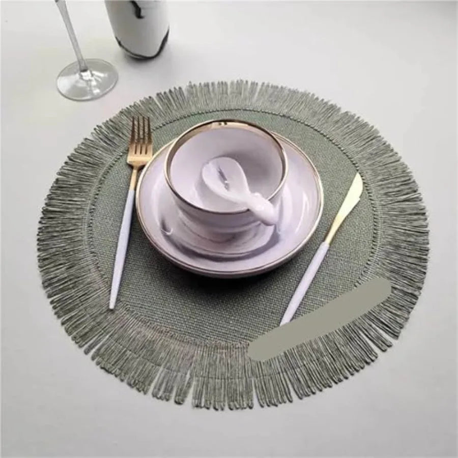 6pcs Round Braided Placemats Fringe Paper Table Mats Hand Woven Non-Slip Insulation Place Mats Tea Cup Pad Dining Table Decorat