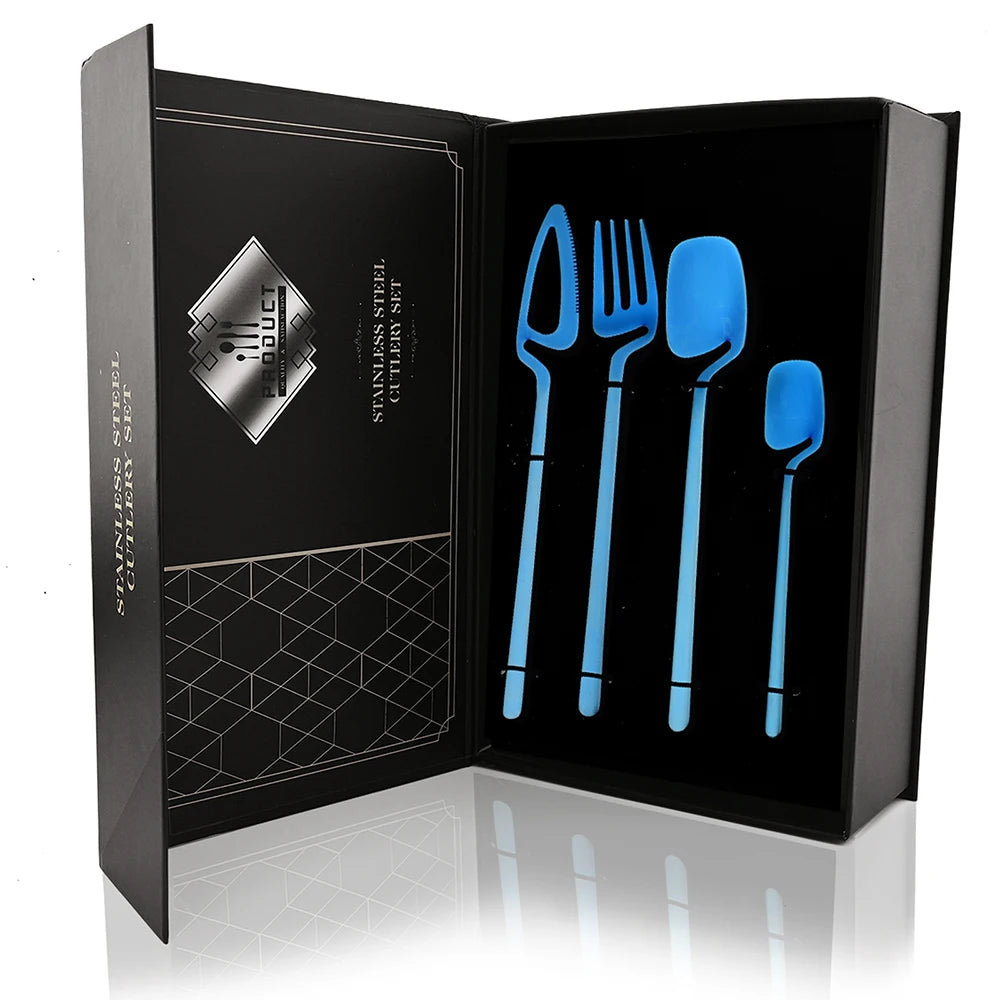 24Pcs Black Dinnerware Set 18/10 Stainless Steel Tableware Set Fork Knife Spoon Cutlery Set Gift Box Flatware Dishwasher Safe