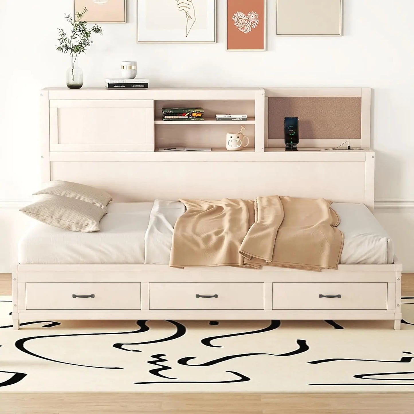Full Size Daybed with USB Ports and Sockets,Wooden Platform Bed Frame with Storage Drawers and Shelf for Living, Customized