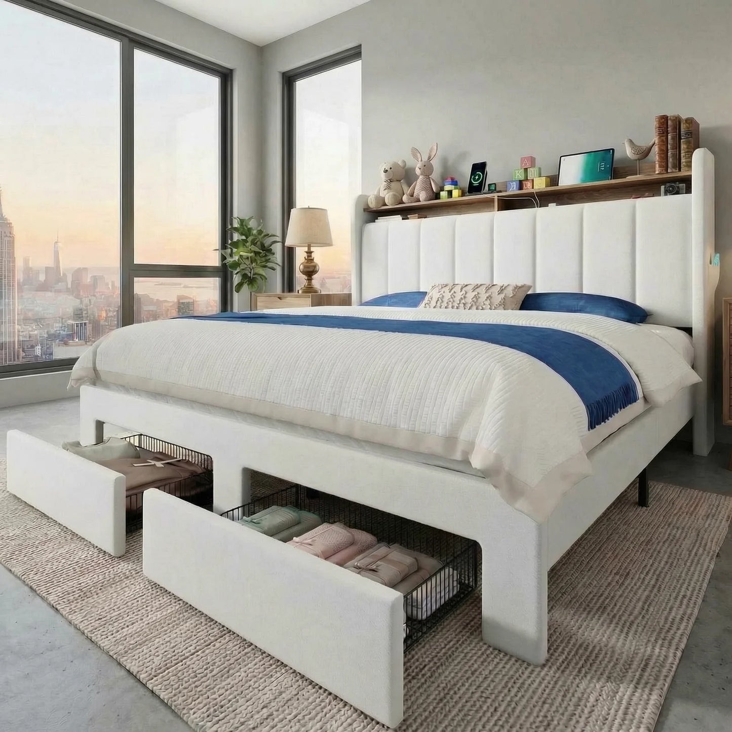 HOOMIC Bed Frame, 2 Storage Drawers/2-Tier Shelves with LED Lights & Charging Station, No Box Spring Need, Full/Queen/King