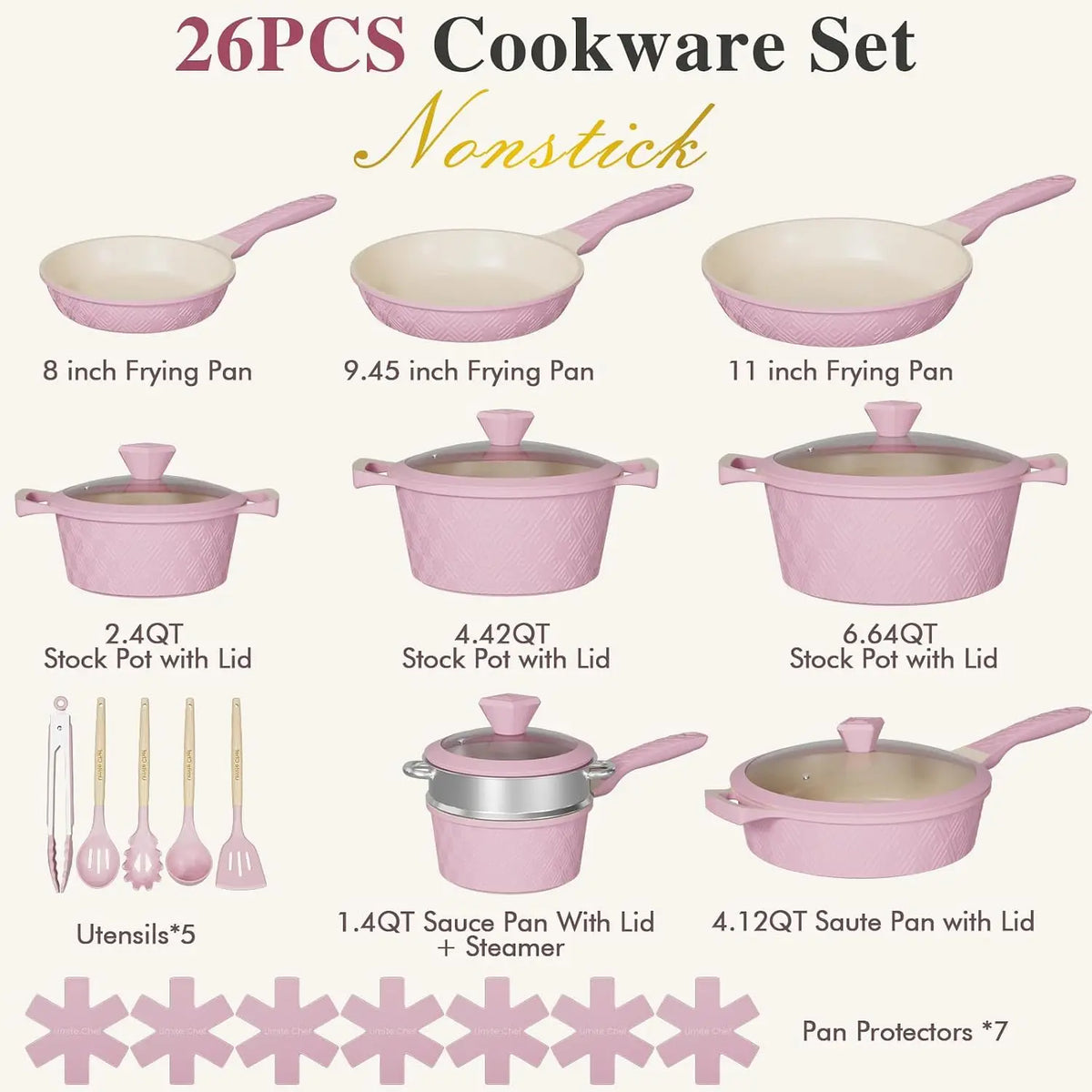 Pink Cookware Set 26 Pieces Non Stick Pots Pans Induction Safe Steamer Silicone Utensils Housewarming Gift Frying Pan PFOS PFOA