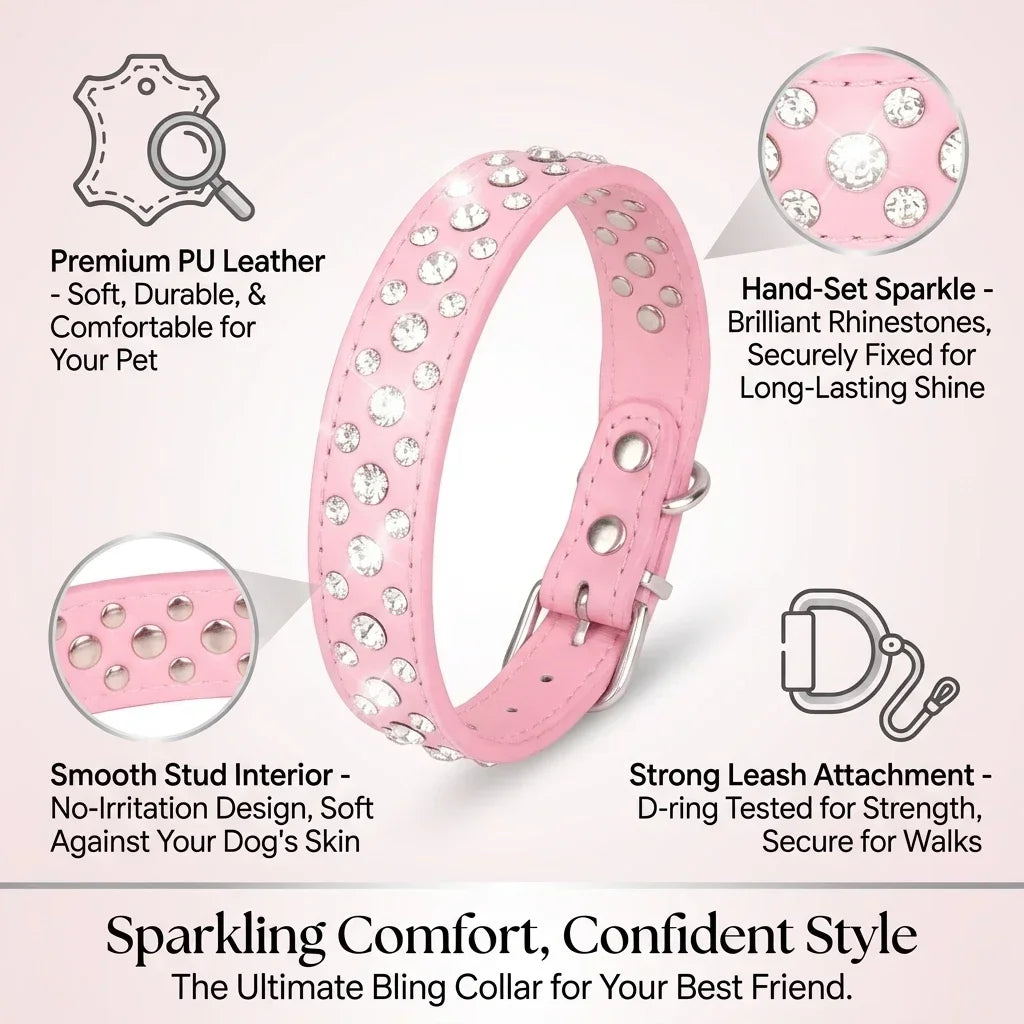 Bling Rhinestone Pet Collar Soft PU Leather Dog Collar Adjustable Neck Strap Pet Supplies for Small Medium Dogs Cats