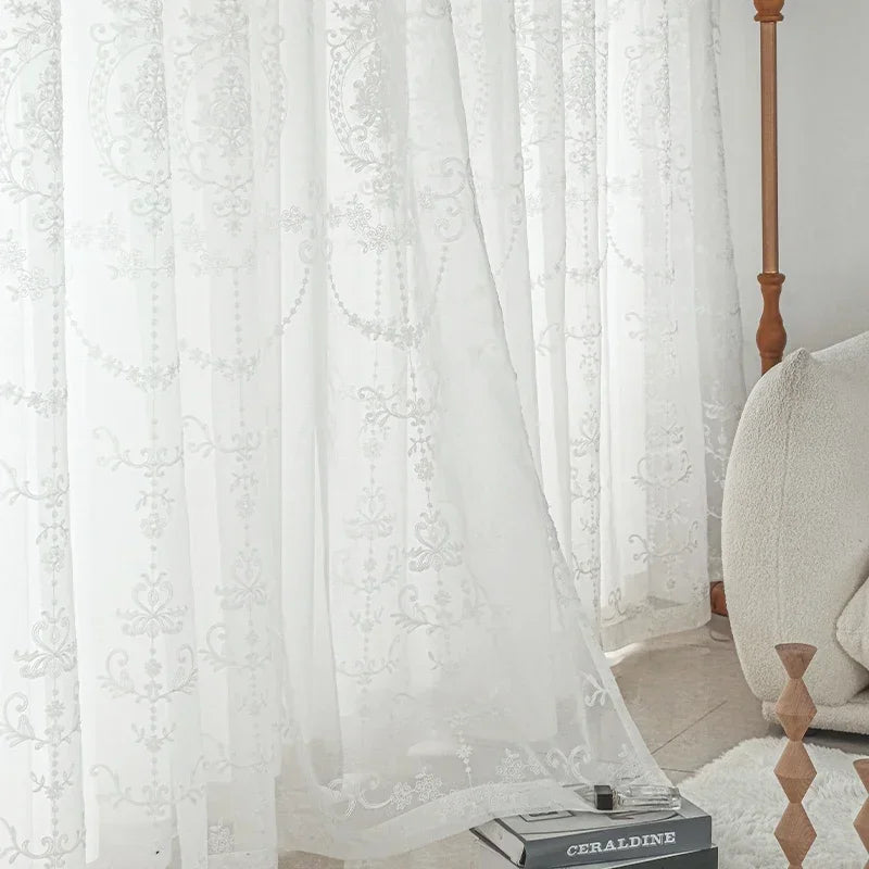 White Embroidered Tulle Curtains for Living Room Luxury European Sheer Curtain for Hall Rideaux Voilage Treatment Home Customize