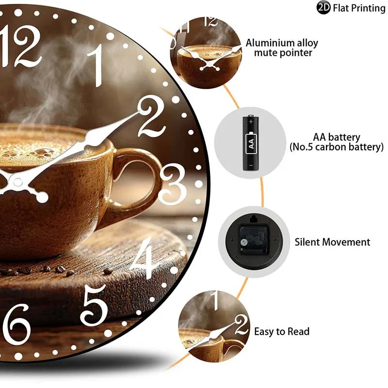 Wooden Silent Wall Clock Coffee cup with steam clock face Quartz Clocks Farmhouse,Office,Idea Christmas,Halloween,New Year Gift