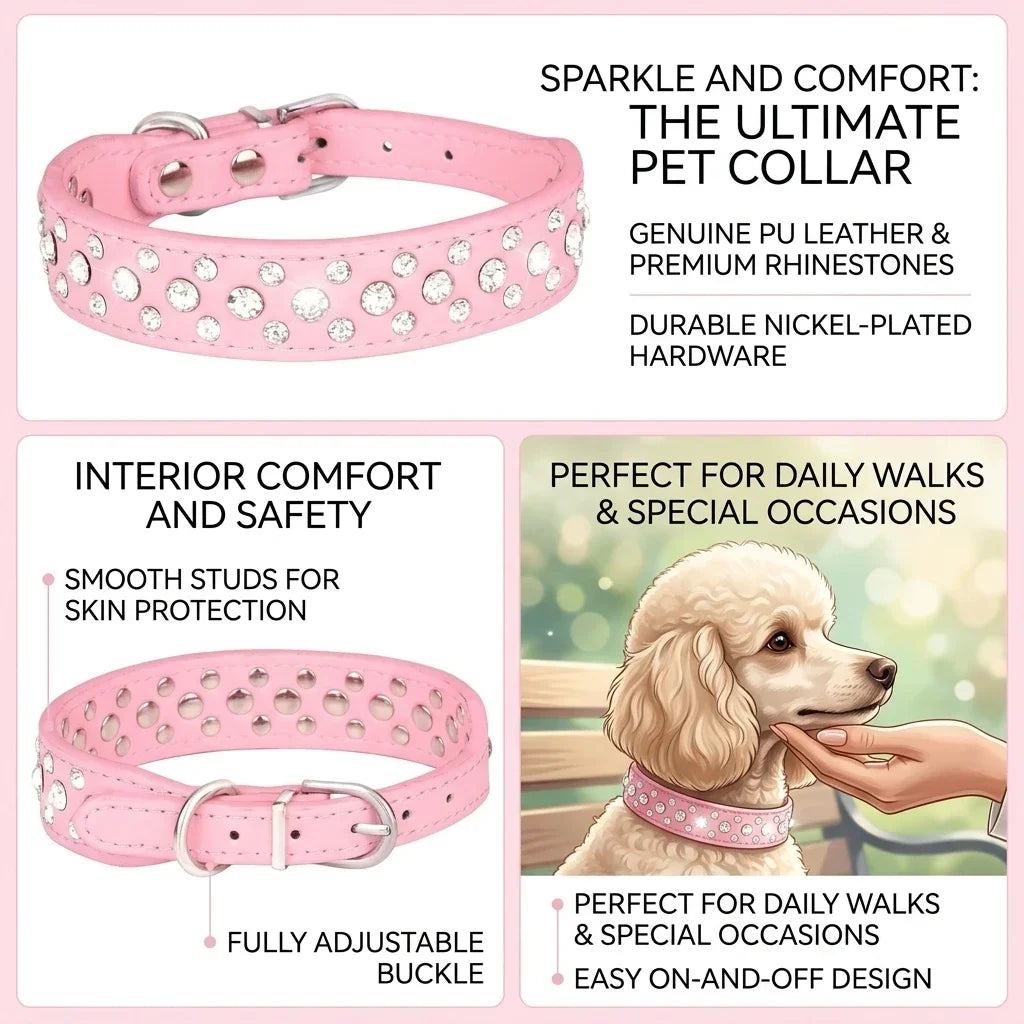 Bling Rhinestone Pet Collar Soft PU Leather Dog Collar Adjustable Neck Strap Pet Supplies for Small Medium Dogs Cats