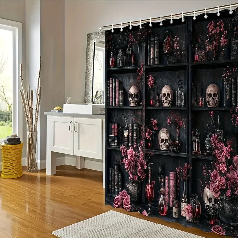 1pc Skeleton, Book, Pink Rose, And Mystery Object Pattern Print Design Shower Curtain, Gothic Style Bookcase Shower Curtain