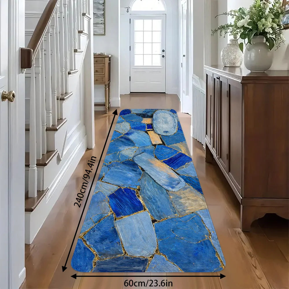 Blue Marble Gold Crack Mosaic Stone Print Runner Rug, Non-Slip Washable Mat for Kitchen Entryway Hallway Modern Minimalist Home