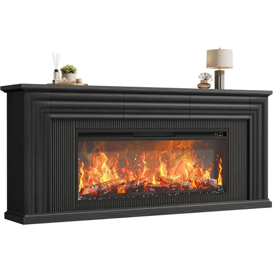 70 Inch TV Stand for Electric Fireplace, 42 Inch or 65-75 Inch TVs, Entertainment Center with Drawers, Black Living Room Furniture