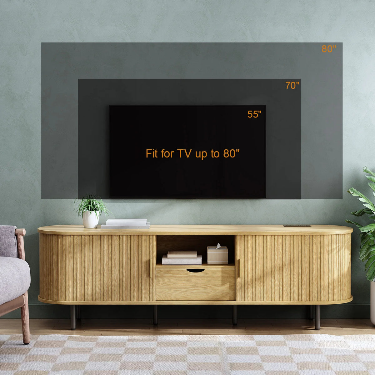 69" TV Stand w/ Power Outlet for TVs up to 80", Entertainment Center w/ Storage & Drawer, TV w/ Adjustable Shelves