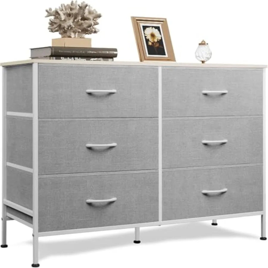 Wide Dresser with 6 Fabric Drawers, TV Stand for 50" TV, Closet Dresser with Metal Frame, Wooden Top, Fabric Dressers for Bedroom