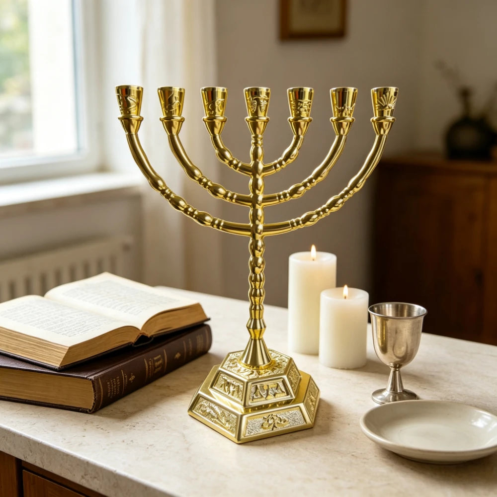 1PC Hanukkah Religious Menorah Golden Zinc Alloy 7 Arm Candlestick Embossed Hexagon Base Jewish Altar Display Souvenir Ornament