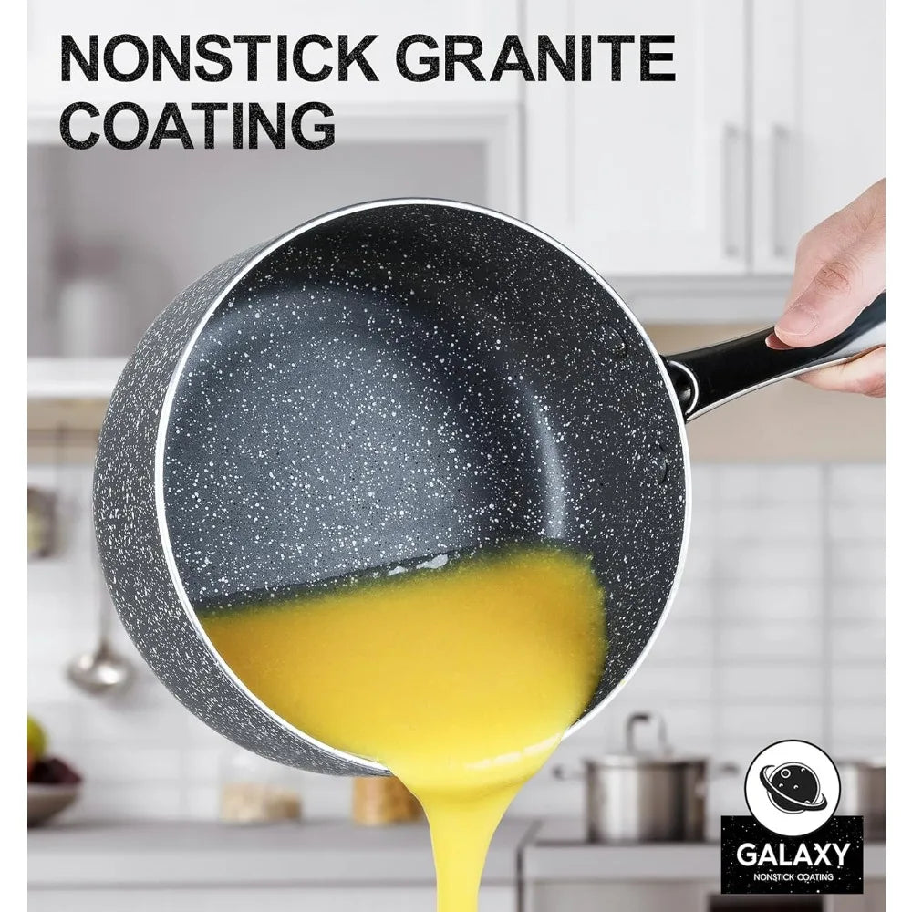 MICHELANGELO 3 Piece Granite Coated Pot Set with Lid 1QT 2QT 3QT Stainless Steel Handle for Oven and Induction Cooktop