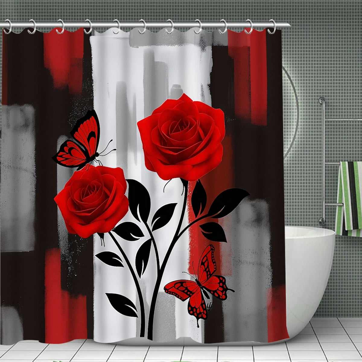 4Pcs Red Rose Butterfly Shower Curtain Set with Hooks, Modern Abstract Print Waterproof Mildew Resistant Fabric Bath Mat for Family Bathroom Home Decor