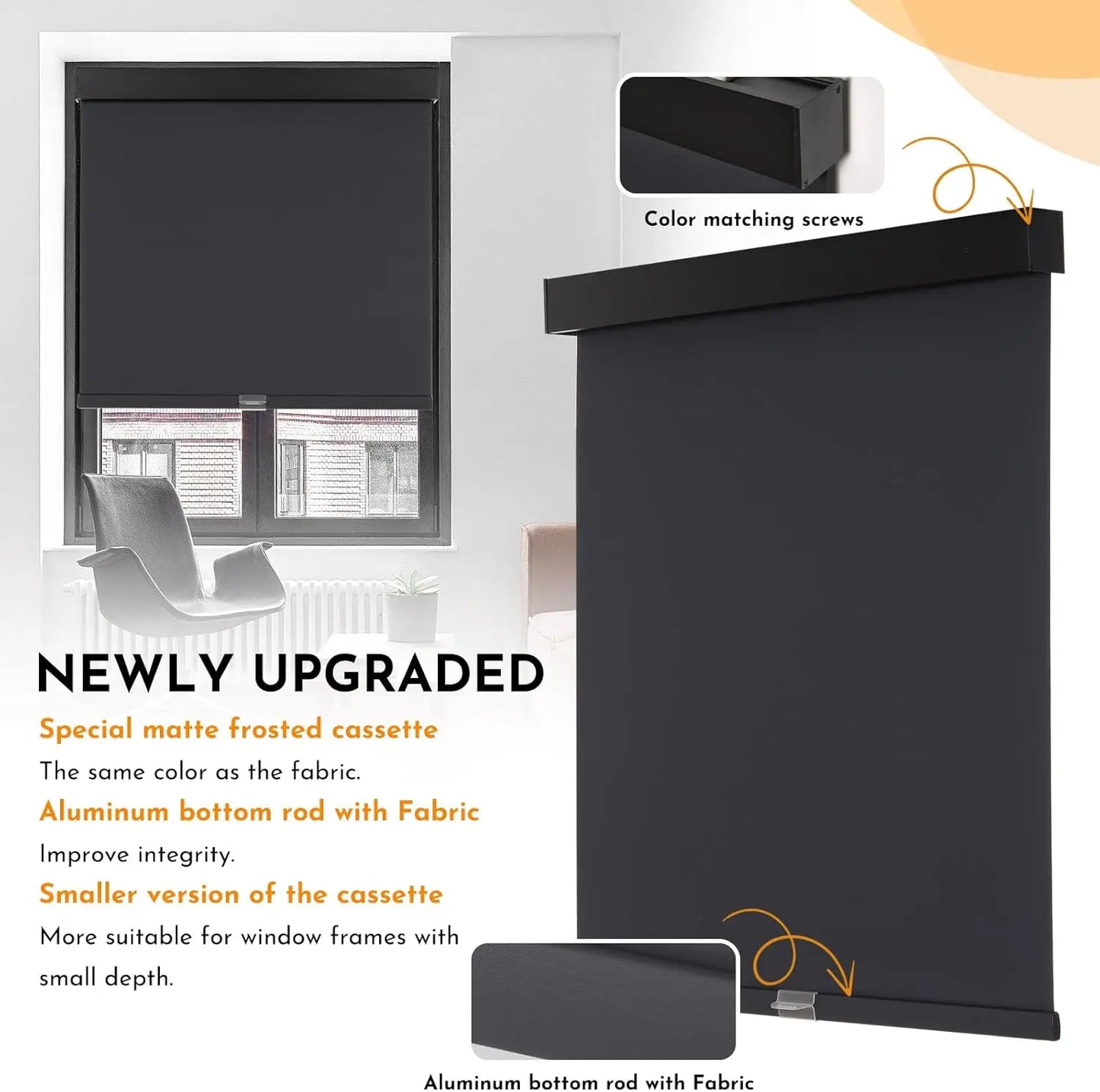 Cordless Blackout Roller Blinds with Thermal Insulation, UV Protection for Home Windows (Black, 34"W x 64"H)