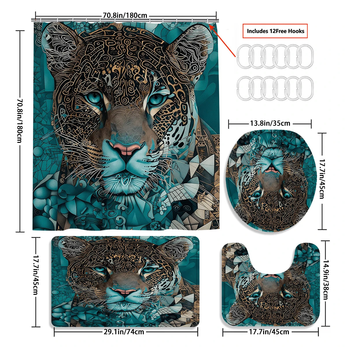 4Pcs Teal Tribal Jaguar Shower Curtain Set with Hooks, Boho Geometric Animal Print Waterproof Mildew Resistant Fabric Bath Mat for Family Bathroom Home Decor