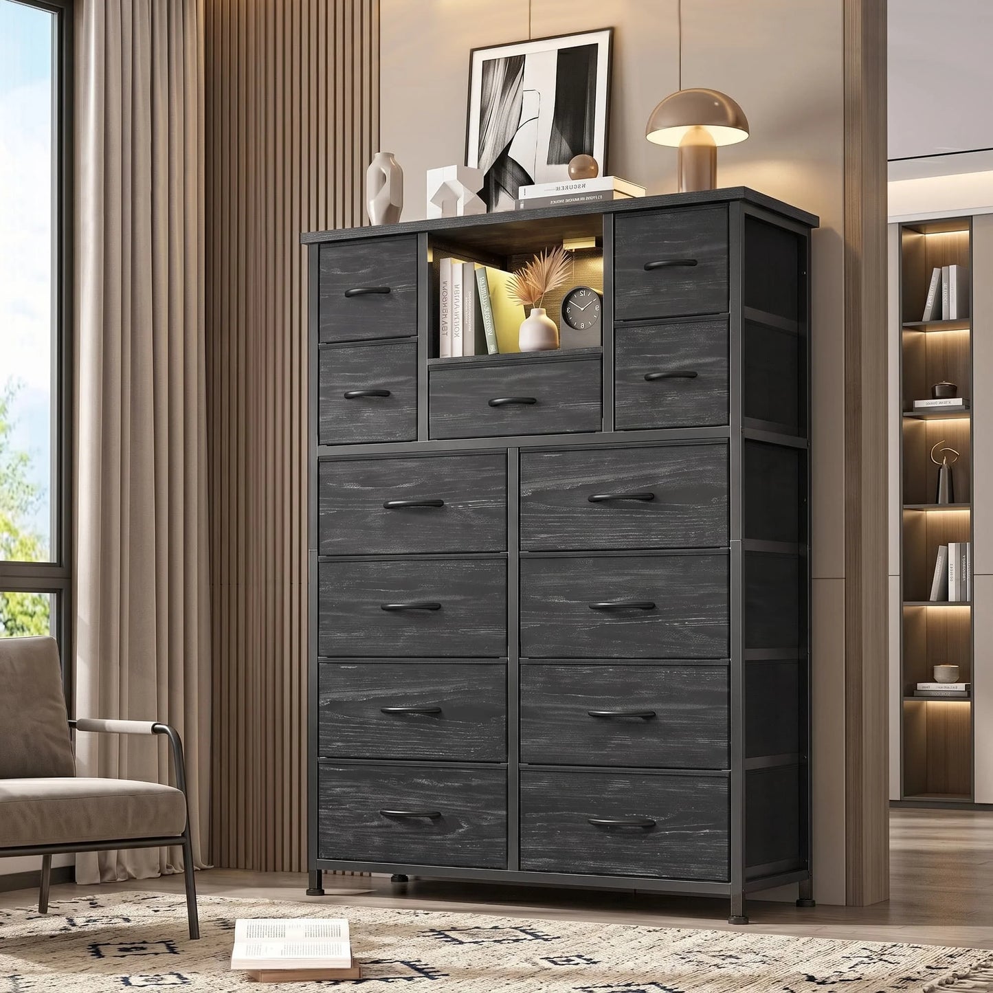 EnHomee 47" Fabric Dresser with LED Accent Lights & Built‑In Charging Hub – 13 Drawers + Open Shelves – Versatile Organizer for Bedroom, Entryway, and Hallway Use