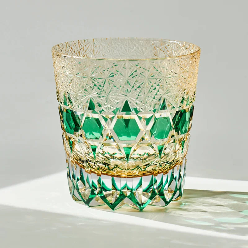 CHAMVIN'S Amethyst Edo Kiriko Hand-Engraved Whiskey Glass Crystal Tumbler Barware