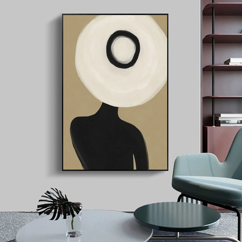 Minimalist Black Silhouette Woman With White Wide Brim Hat Canvas Wall Art Neutral Beige Boho Abstract Female Portrait Print