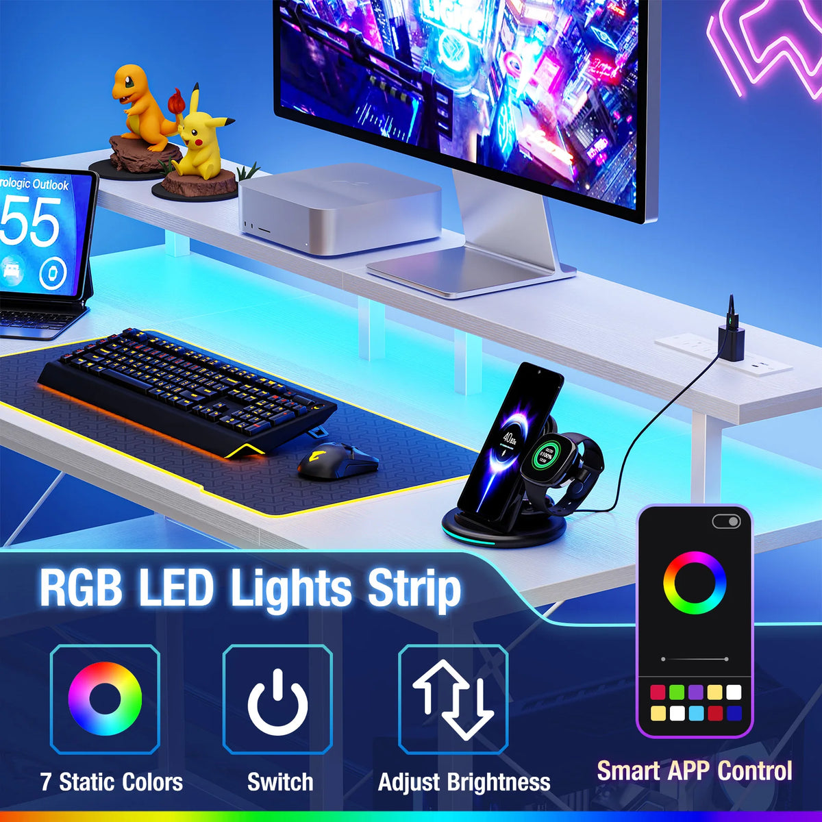 JHK 48 Inch Computer Desk with with Shelves Storage Drawers Office Wood Table with LED Lights Power Outlets Gaming Desk