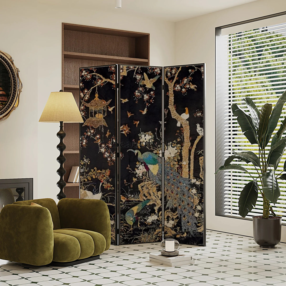 56French retro screen partition living room entry background mobile folding entrance flowers and birds